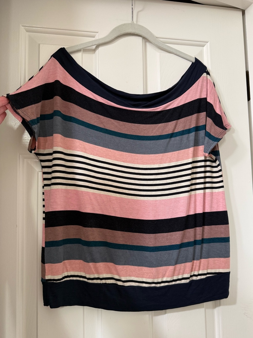 eLuna Striped Short Sleeve Boatneck Top - Pink Multi